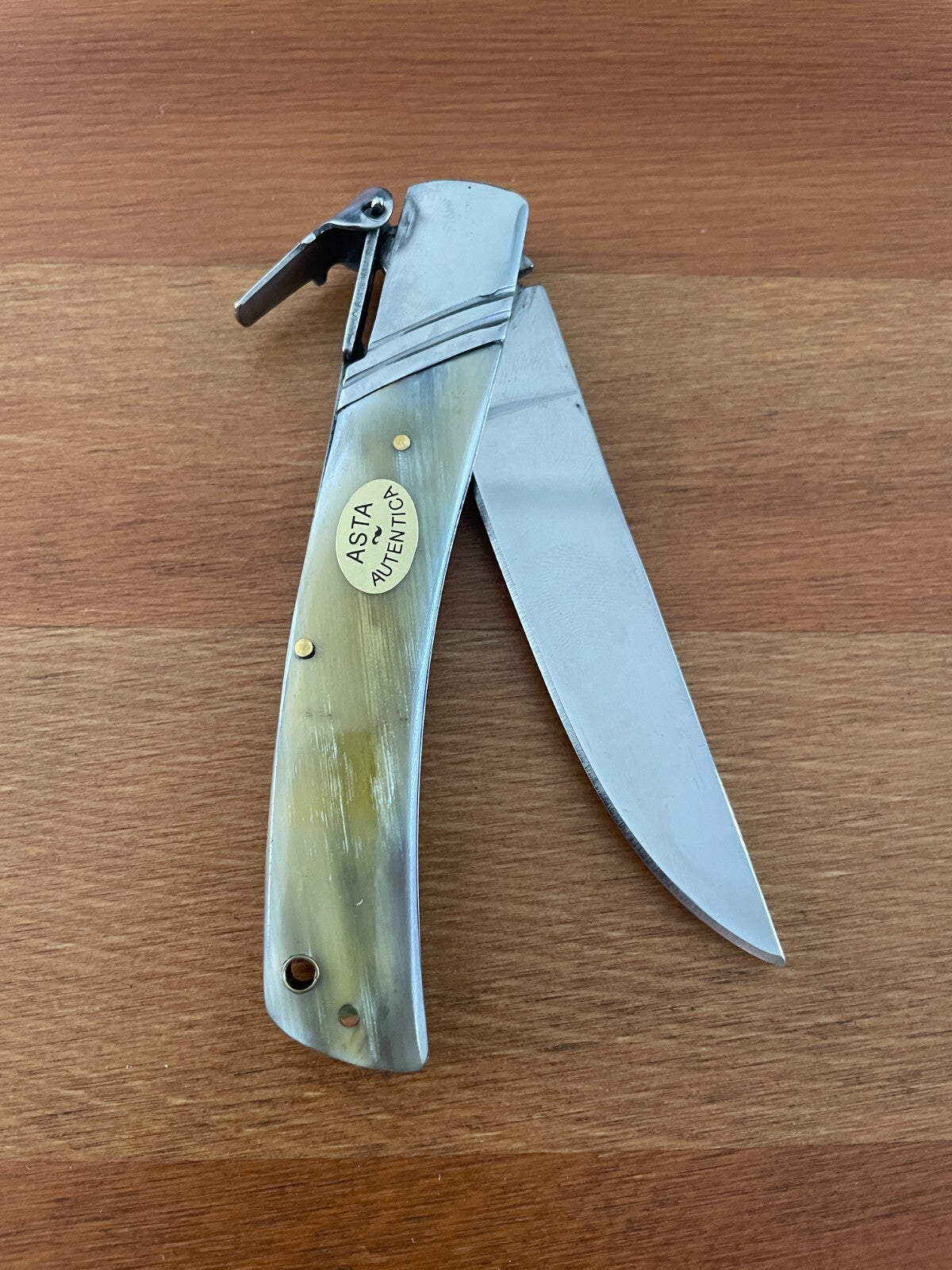 3.54" Spanish Navaja Pocket Knife Bull Horn Scales With Ratchet & Billet Lock