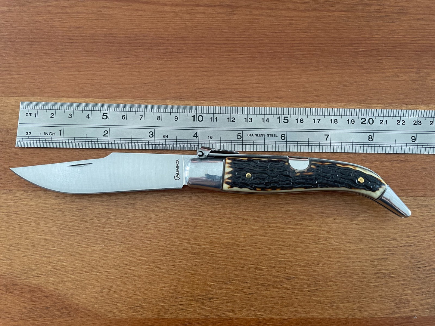 3.7" Carbon Steel Spanish Navaja Teja Deer Antler Imitation Scales Billet Lock