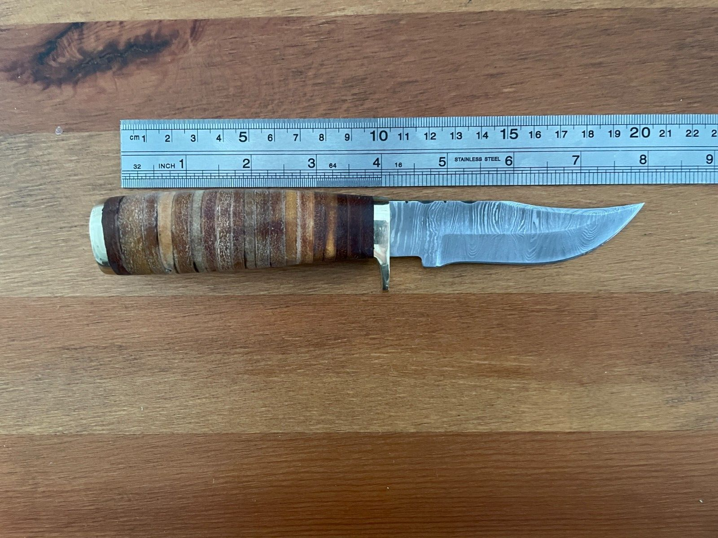 3.7 in. Handmade Damascus Steel Hunting Knife Bone Handle Leather Sheath