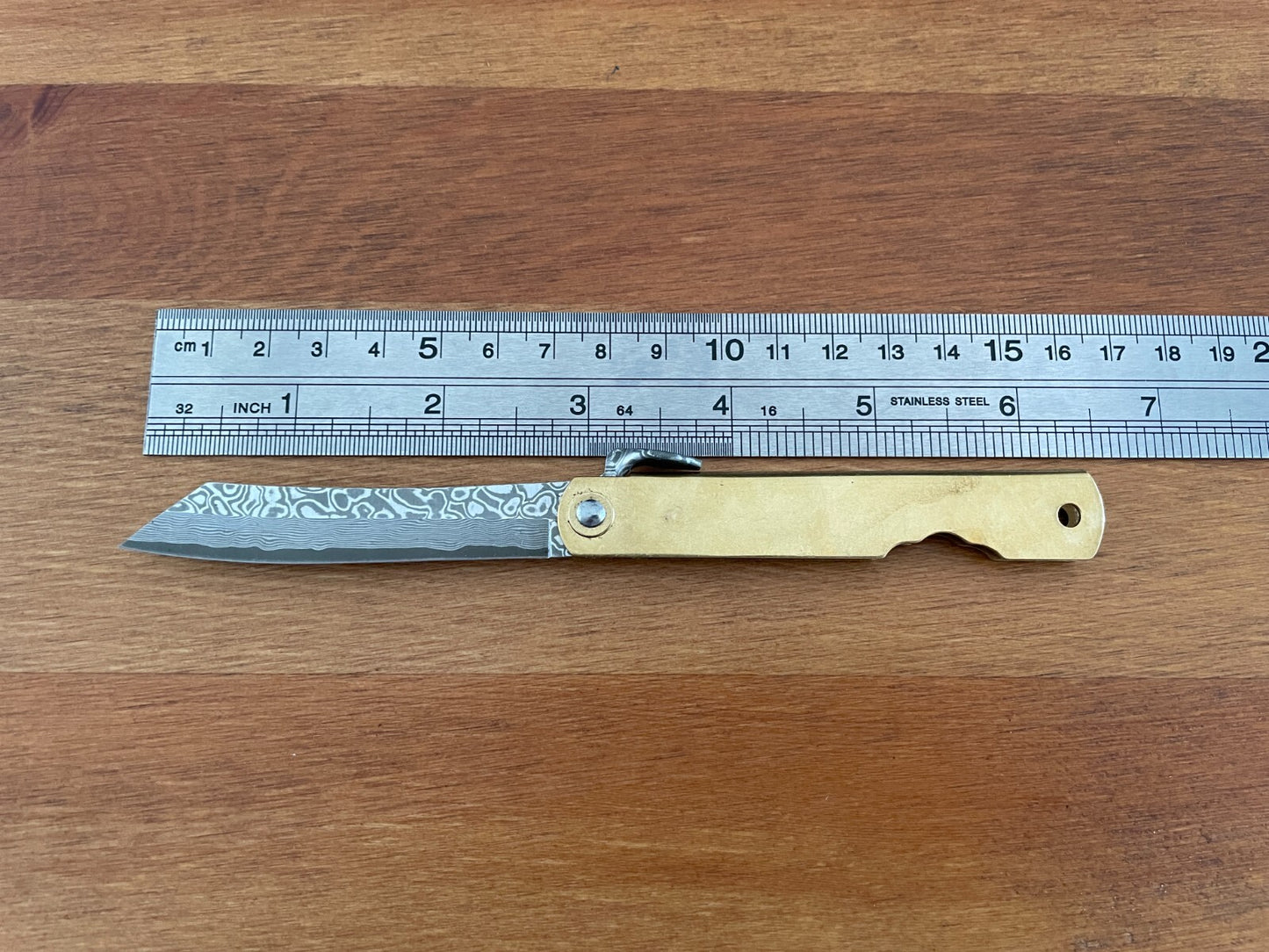 2.8" Navaja Higonokami Pocket Knife Tanto 79-layer Damascus Brass Handle Sheath