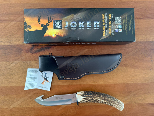 Joker Huron Skinning Knife 4.3” MOVA Blade | Deer Antler Handle | Leather Sheath