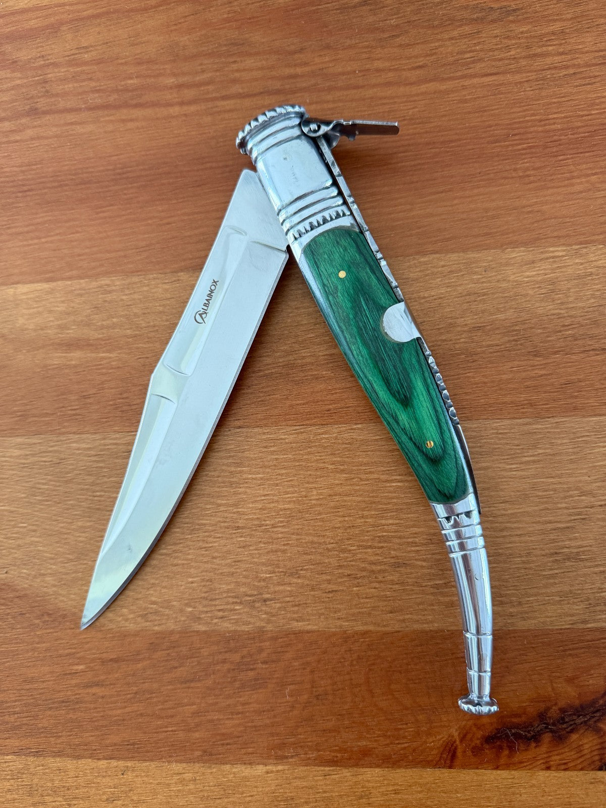 6” Spanish Navaja Serrana Ratchet Folding Knife Green Stamina Wood Scales Spain