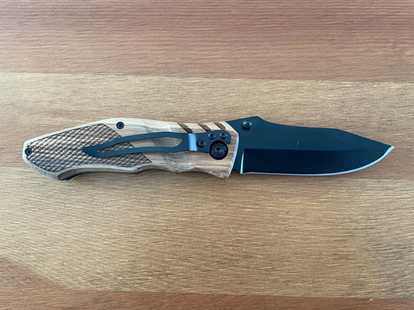 3.14" Black Stainless Steel Blade Tactical Knife Wooden Scales Pocket Clip