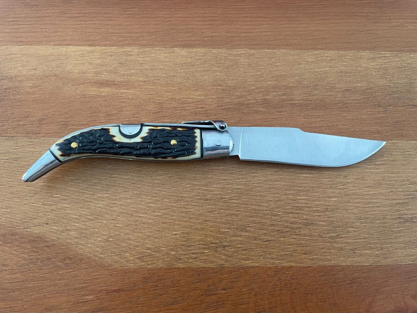 3.22" Carbon Steel Spanish Navaja Teja Deer Antler Imitation Scales Billet Lock