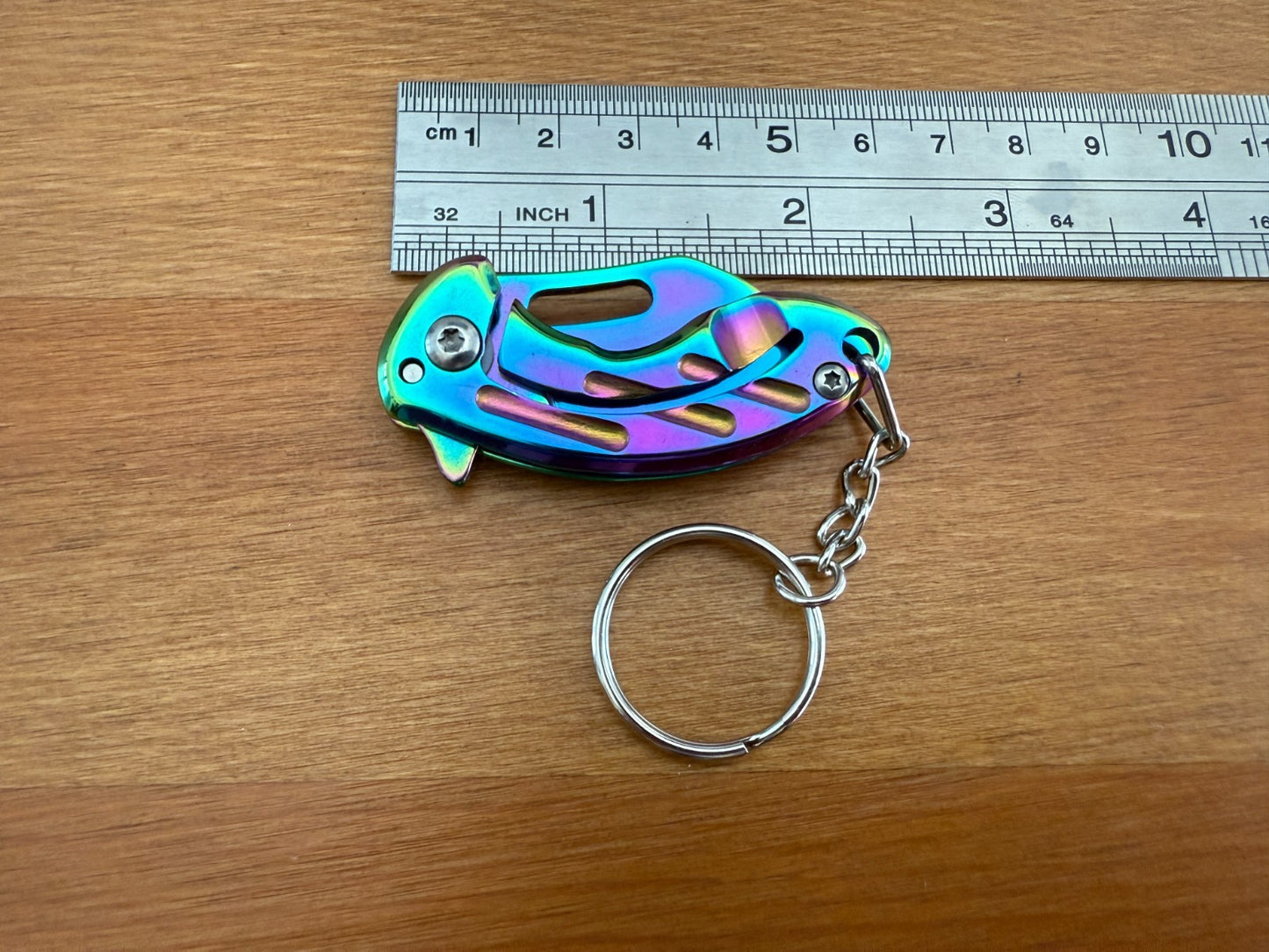Keychain Mini Folding Knife 1.5" Steel Blade Rainbow Coated Liner Lock