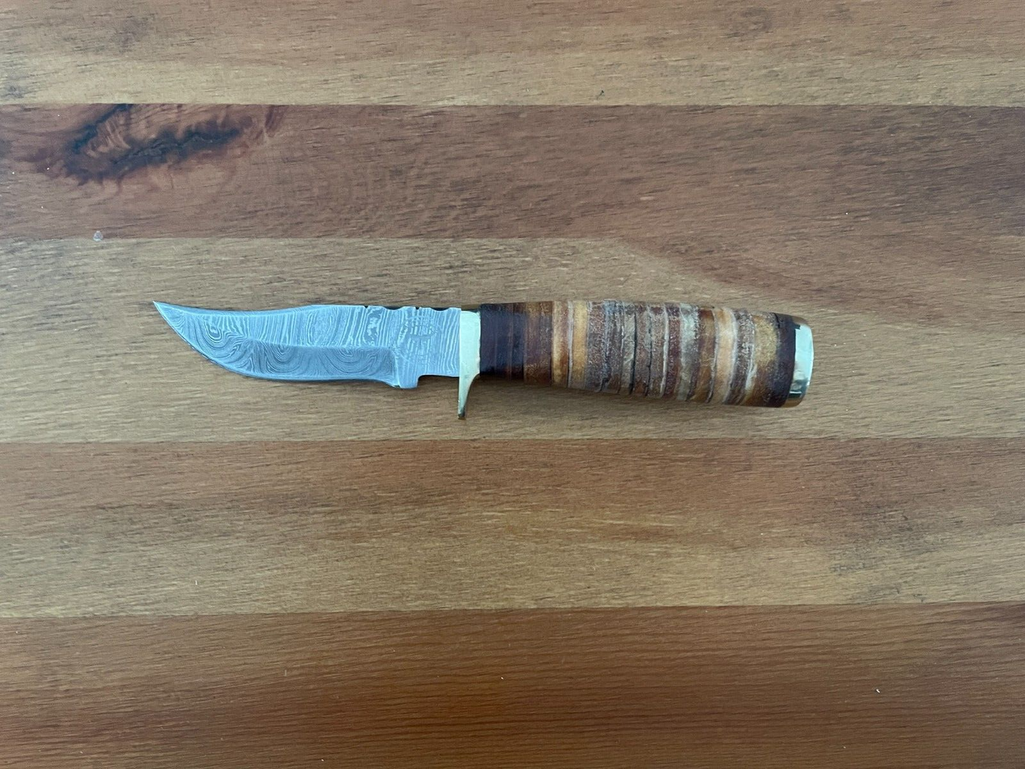 3.7 in. Handmade Damascus Steel Hunting Knife Bone Handle Leather Sheath