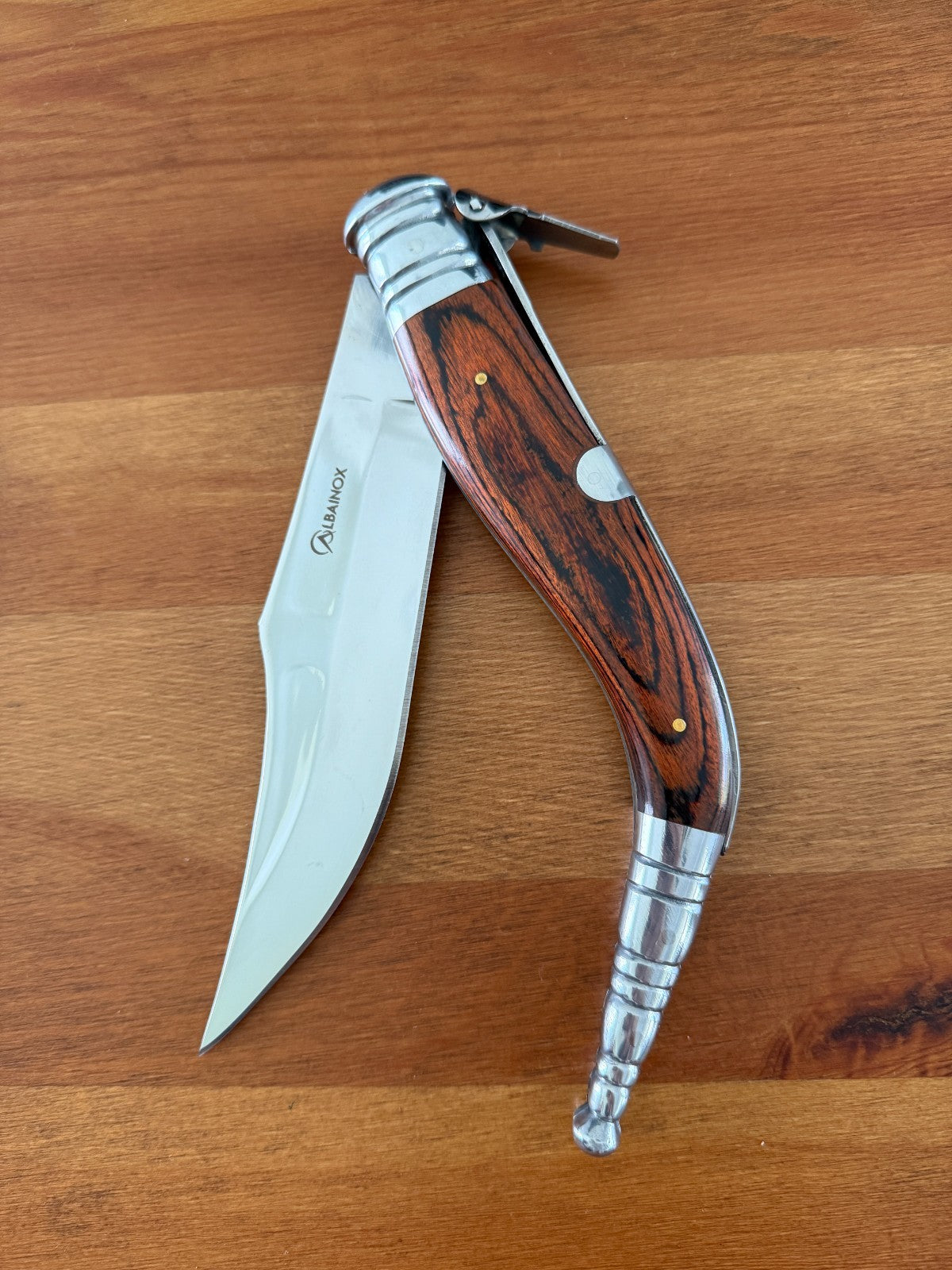 6.5" Spanish Navaja Sevillana Pocket Knife Red Stamina Wood Scales with Ratchet