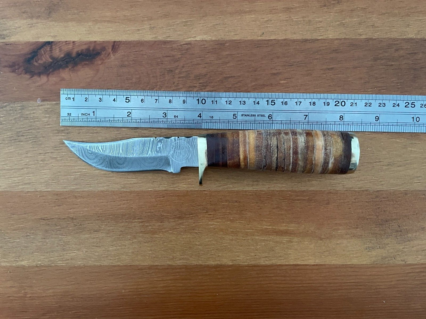 3.7 in. Handmade Damascus Steel Hunting Knife Bone Handle Leather Sheath