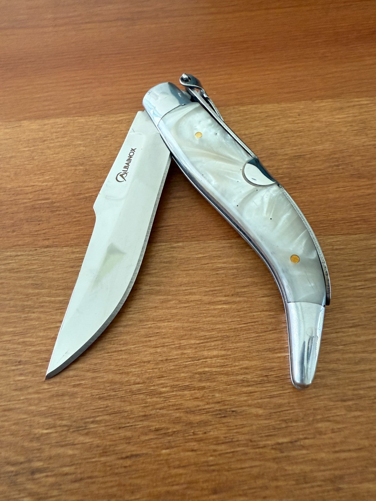 3.3" Steel Blade Spanish Navaja Teja Albacete Mother of Pearl Imitation Scales