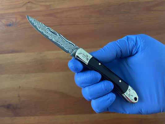 2.8” 67 Layers Damascus Navaja Pocket Knife with Ebony Scales Presentation Box