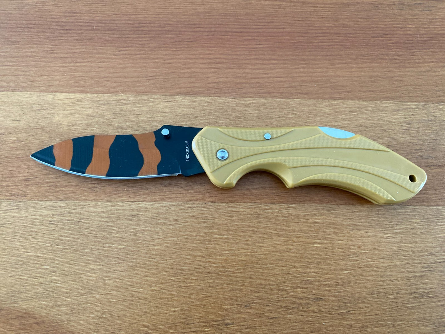 3" Stainless Blade Tactical Knife Black / Orange Blade Beige Plastic Handle