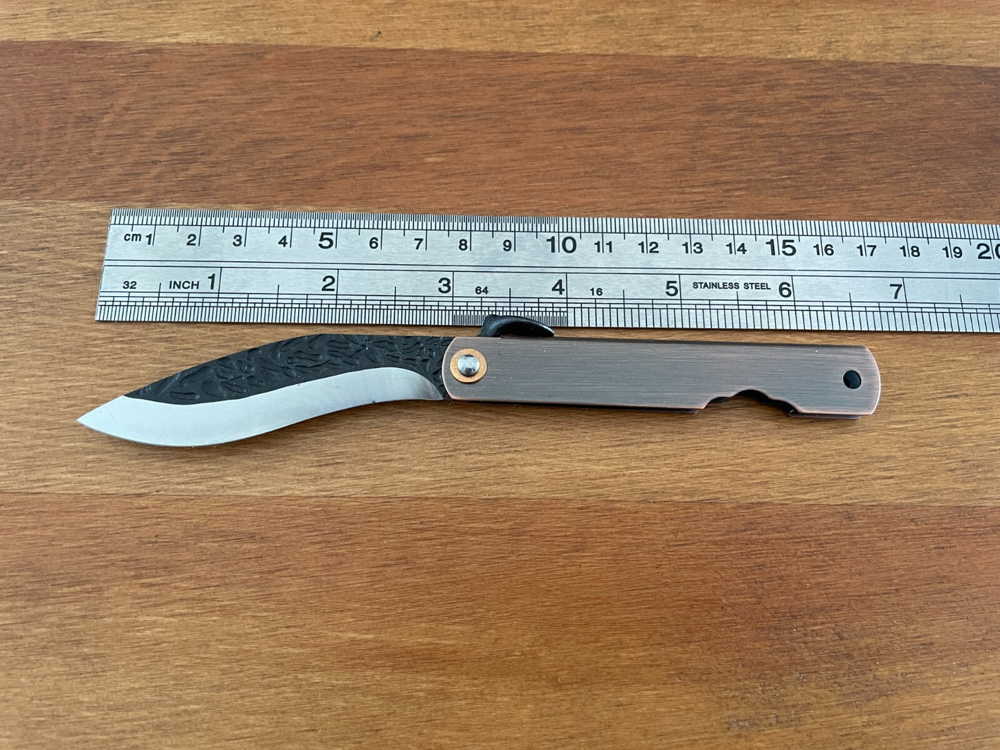 2.9" Navaja Higonokami Pocket Knife 420 Steel Falcata Blade Copper Handle Sheath