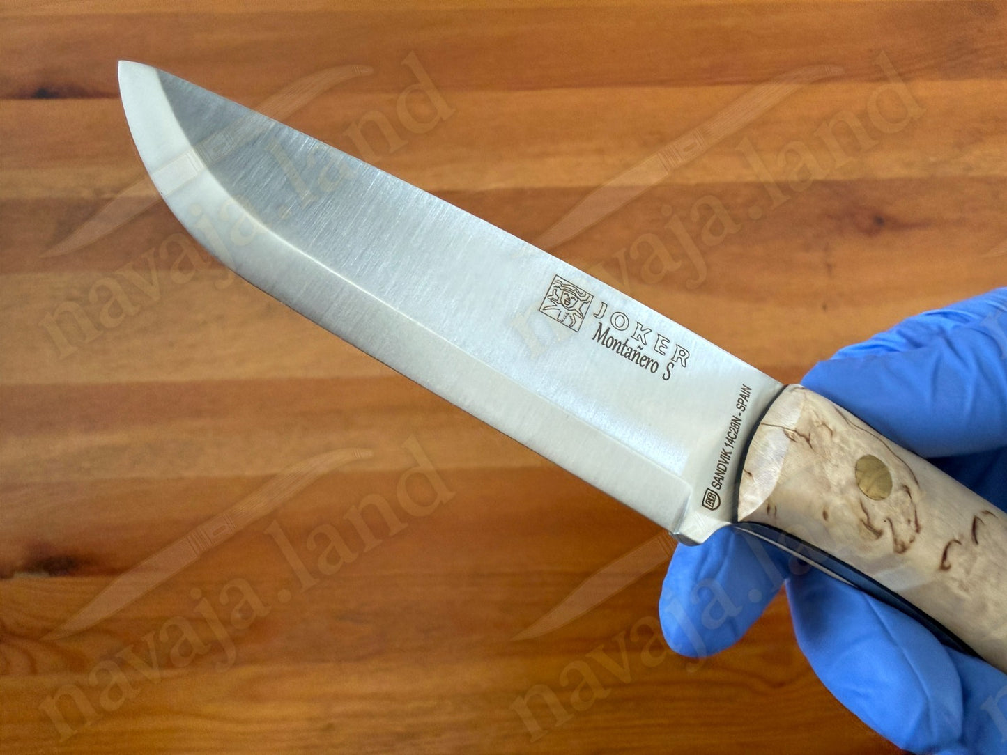 Joker Montañero Fixed Knife 4.3" Sandvik 14C28N Steel Curly Birch Handle Spain
