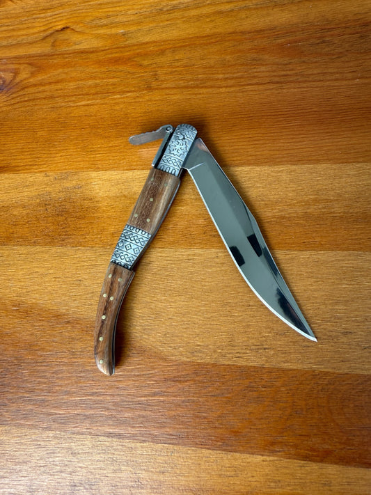 5.3" Blade Arabian Style Ratchet Navaja Knife Zebra Wood Handle Ornamented