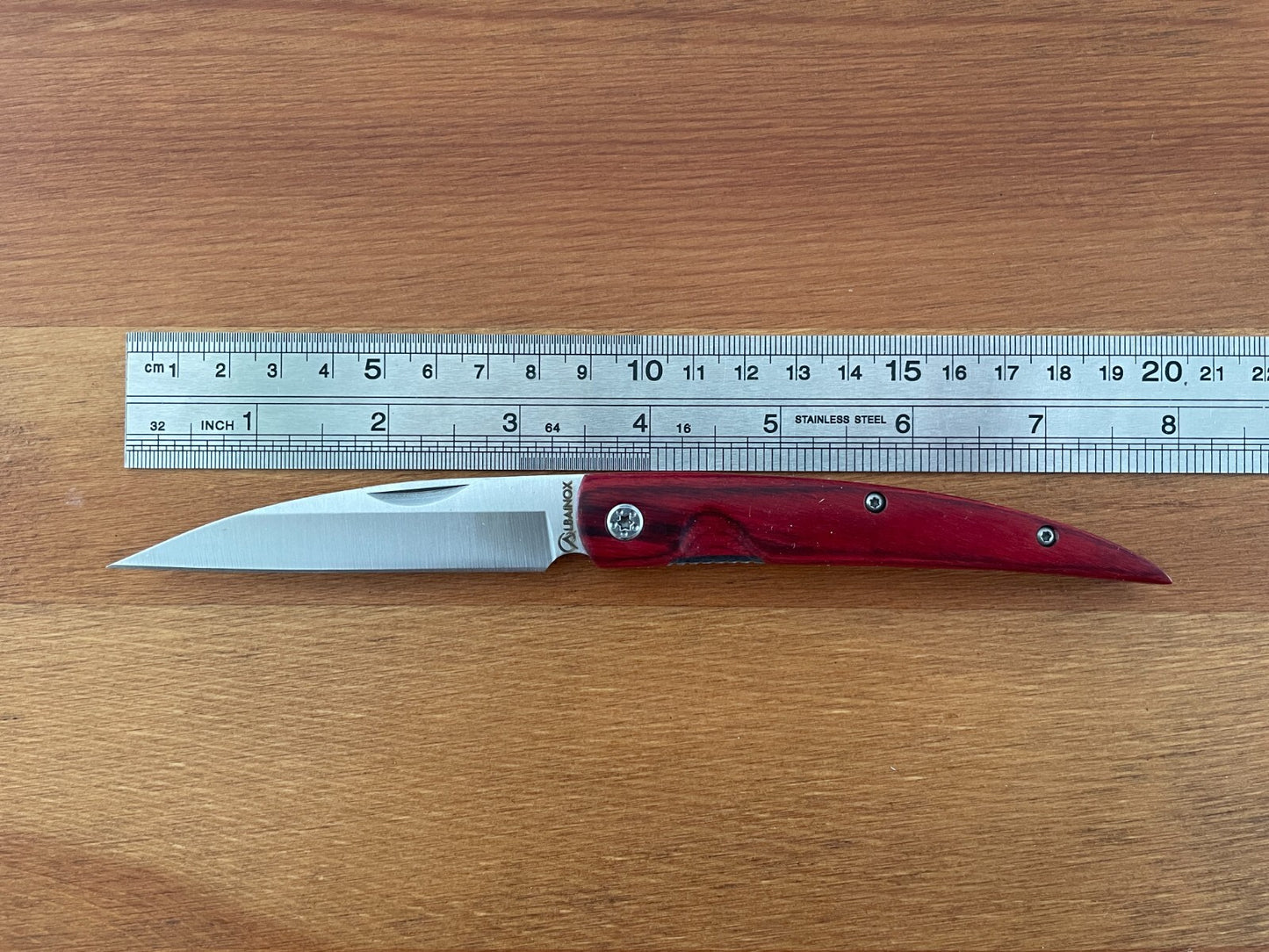 3.4” Stainless Steel Navaja Folding Knife Bird Beak Red Stamina Wood Handle