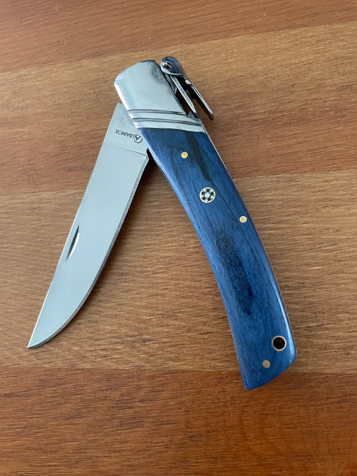 3.54" Spanish Navaja Pocket Knife Blue Wood Scales With Ratchet & Billet Lock