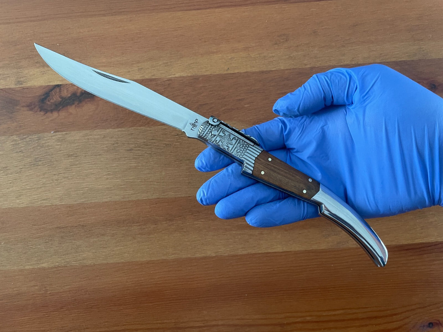 5.1" Arabian Style Navaja with Ratchet Pocket Knife Olive Wood and Steel Handle