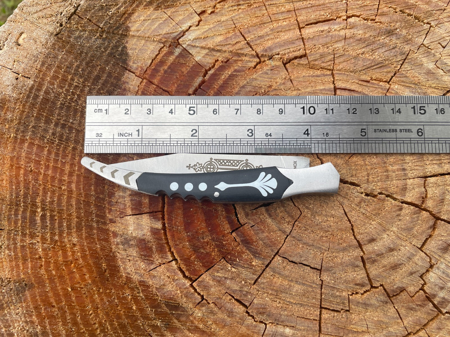 3.46" Spanish Navaja Pocket Knife Laser Decorated Blade ABS/Black Handle