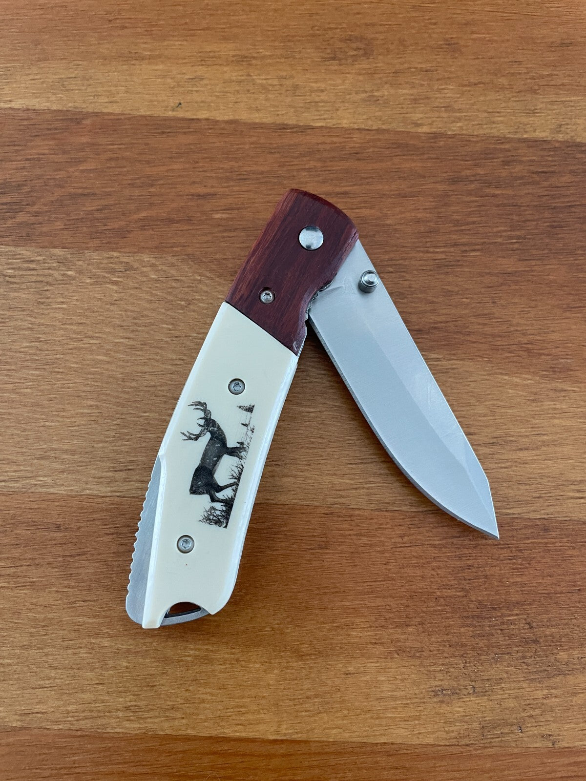 3.74-inch Folding Pocket Knife Navaja Wood and ABS Scales Deer Design From Spain