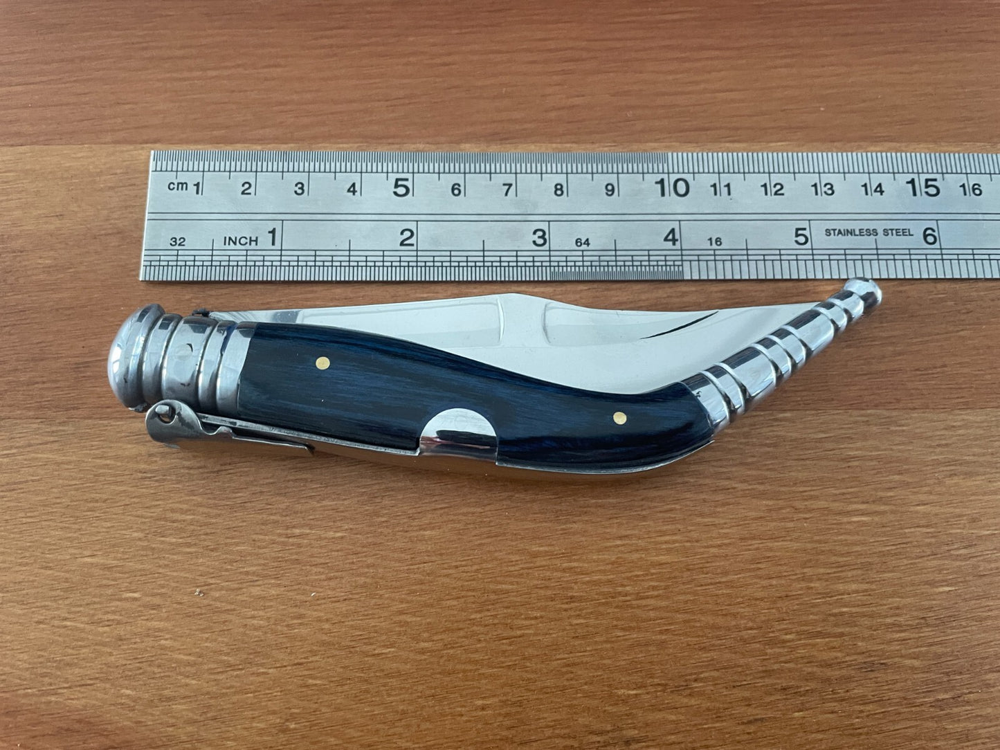 3.9" Spanish Navaja Sevillana Pocket Knife Blue Stamina Wood Scales with Ratchet