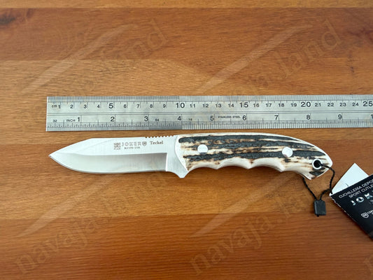 3.5" Joker Teckel Bushcraft Knife Deer Horn Handle | Full Tang | Leather Sheath