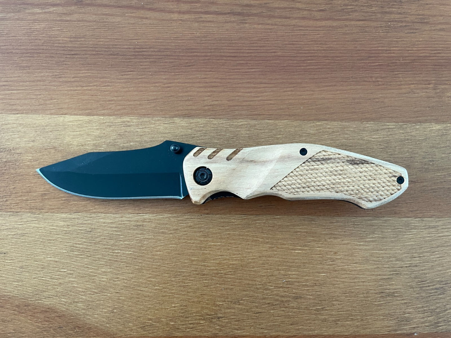 3.14" Black Stainless Steel Blade Tactical Knife Wooden Scales Pocket Clip