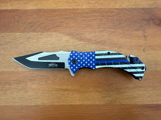 3.5" Steel Blade Master USA Folding Knife Assisted Thin Blue Line Flag Themed