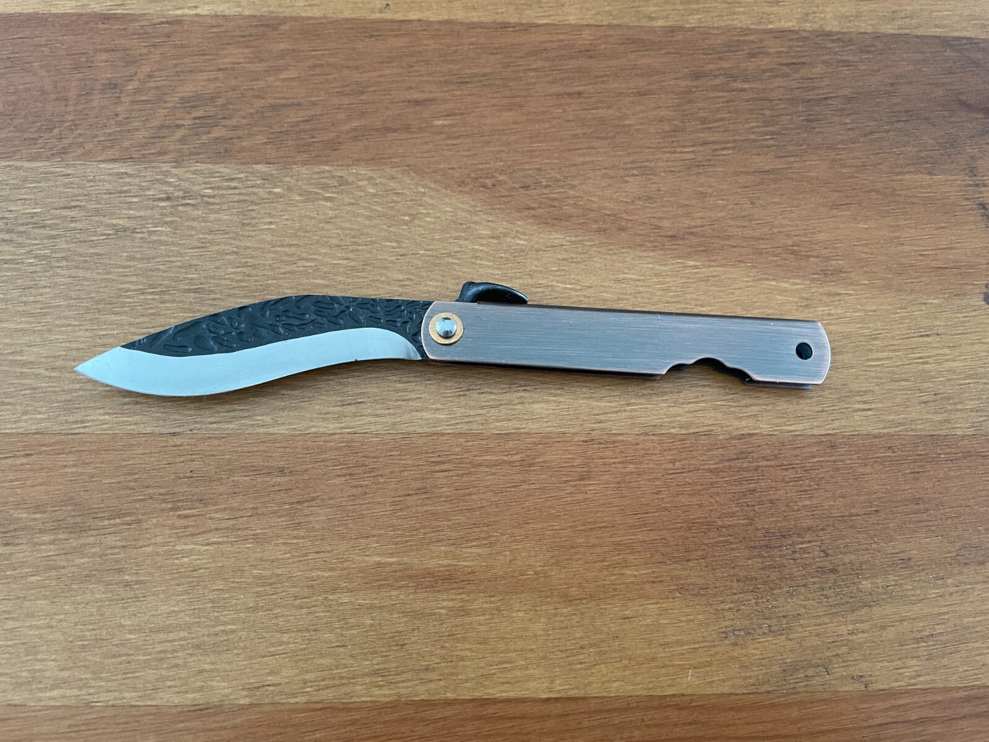 2.9" Navaja Higonokami Pocket Knife 420 Steel Falcata Blade Copper Handle Sheath