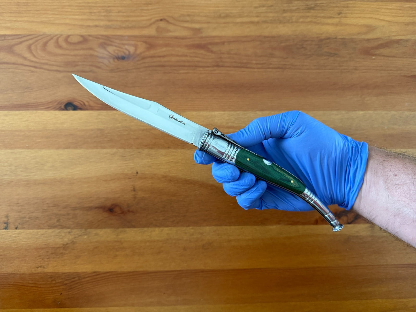 4.9” Spanish Navaja Serrana Folding Ratchet Knife Green Stamina Wood Scales
