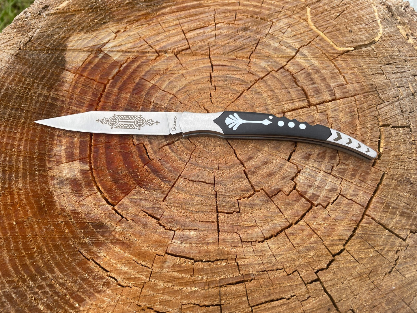 3.46" Spanish Navaja Pocket Knife Laser Decorated Blade ABS/Black Handle