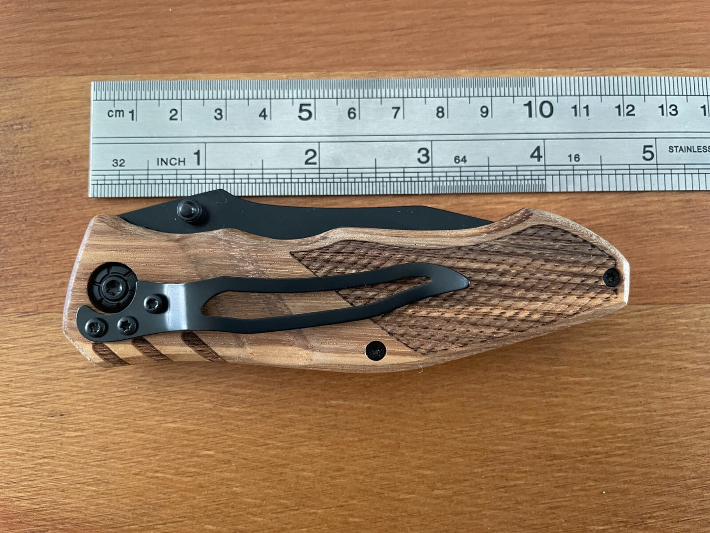 3.14" Black Stainless Steel Blade Tactical Knife Wooden Scales Pocket Clip