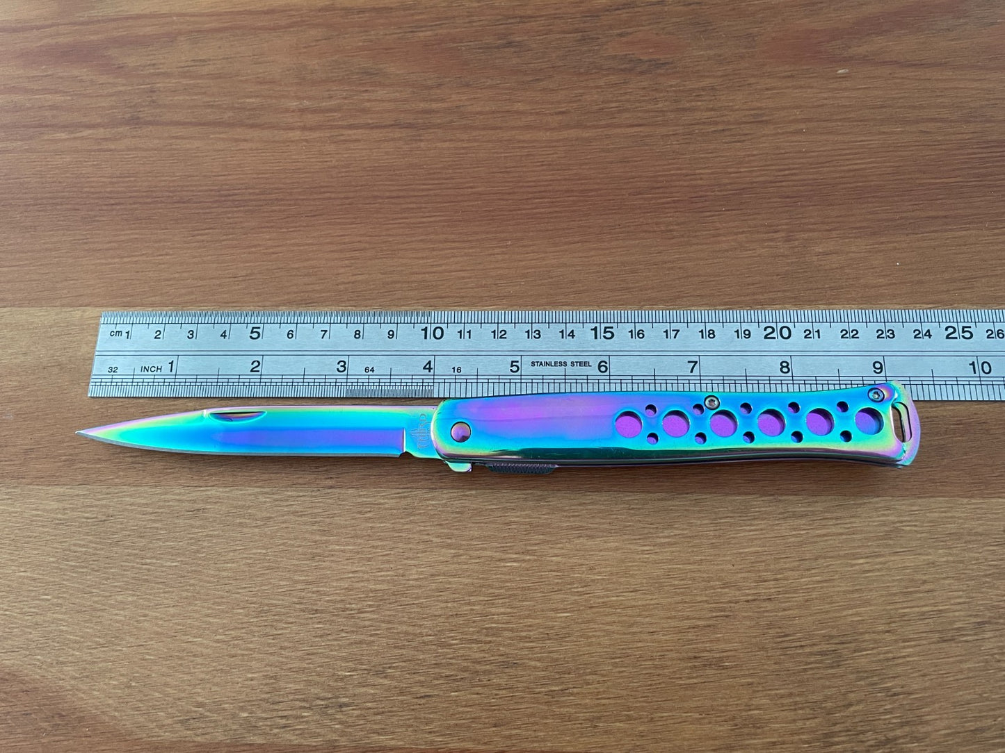 420 Steel Stiletto Folding Knife Aluminum Handle Plated Shiny Rainbow Titanium