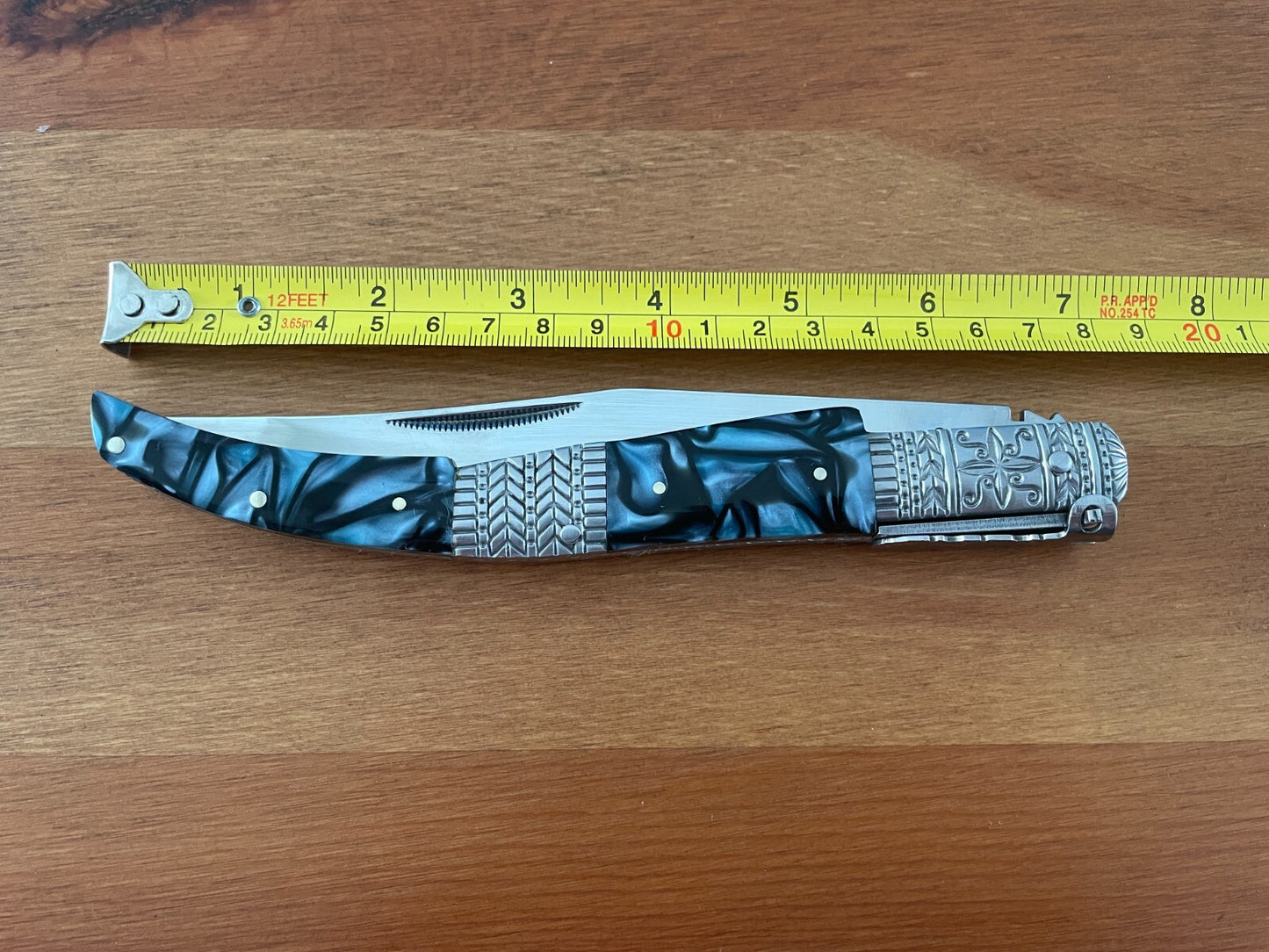 5.9" Arabian Style Navaja with Ratchet Pocket Knife Blue Acrylic & Steel Handle
