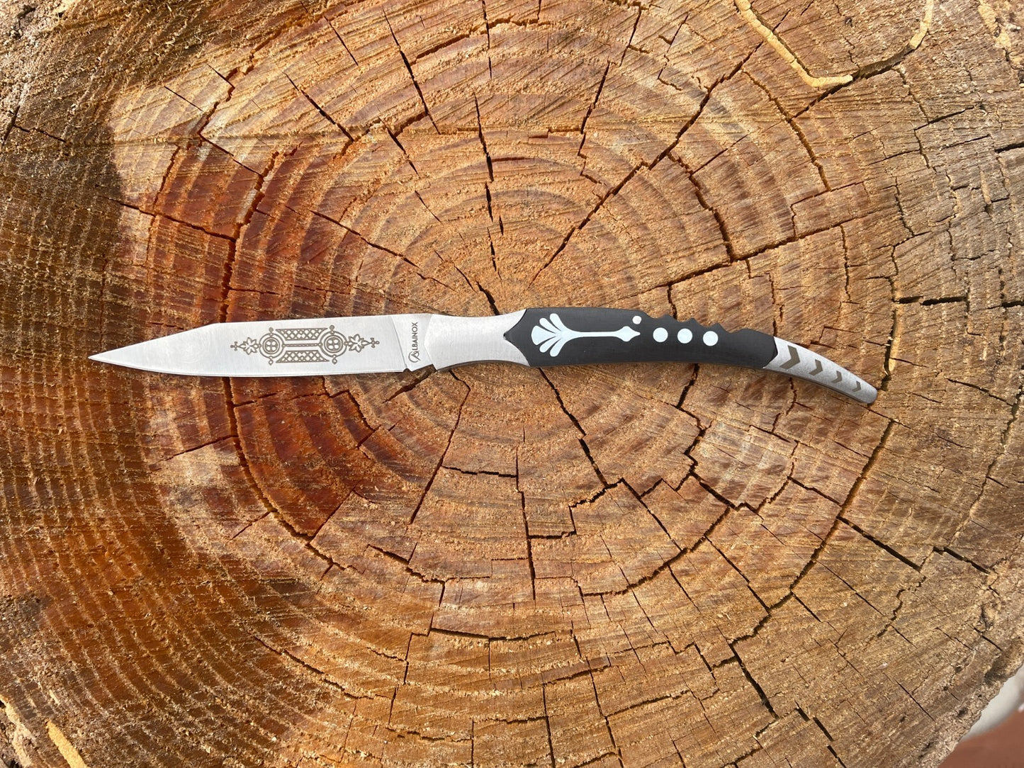 3.46" Spanish Navaja Pocket Knife Laser Decorated Blade ABS/Black Handle