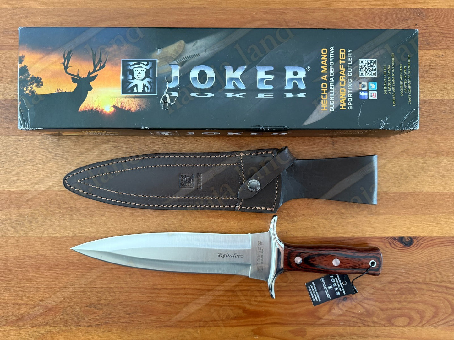 Joker Rehalero Hunting Knife 9.44” MOVA Blade Red Wood Handle Leather Sheath