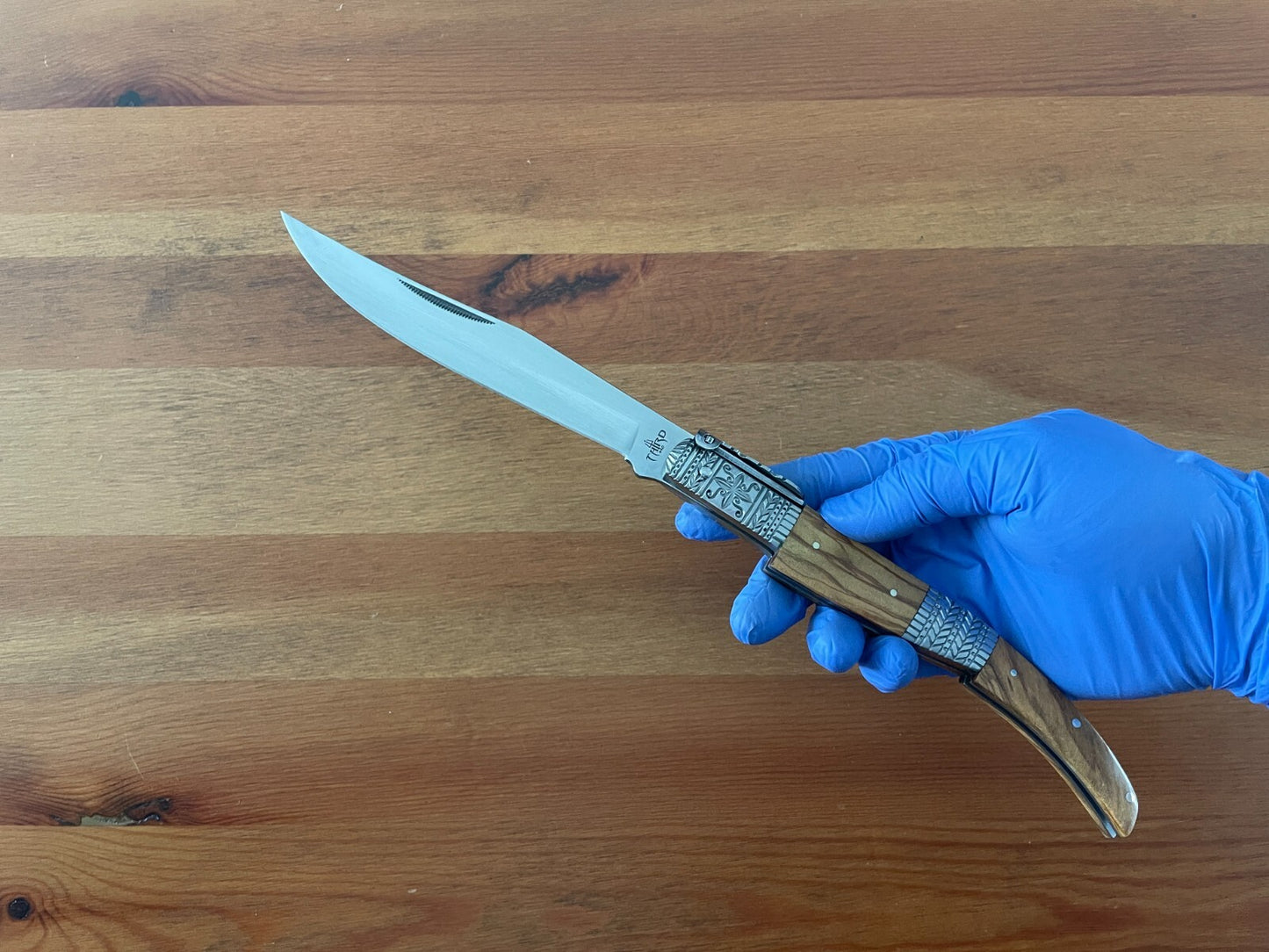 5.9" Arabian Style Navaja with Ratchet Pocket Knife Olive Wood & Steel Handle