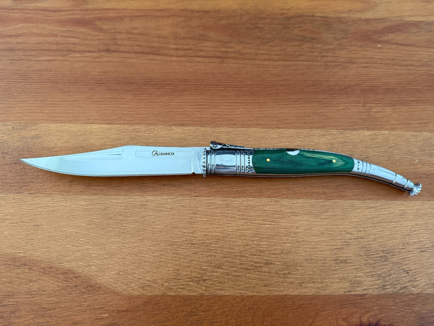 4.9” Spanish Navaja Serrana Folding Ratchet Knife Green Stamina Wood Scales
