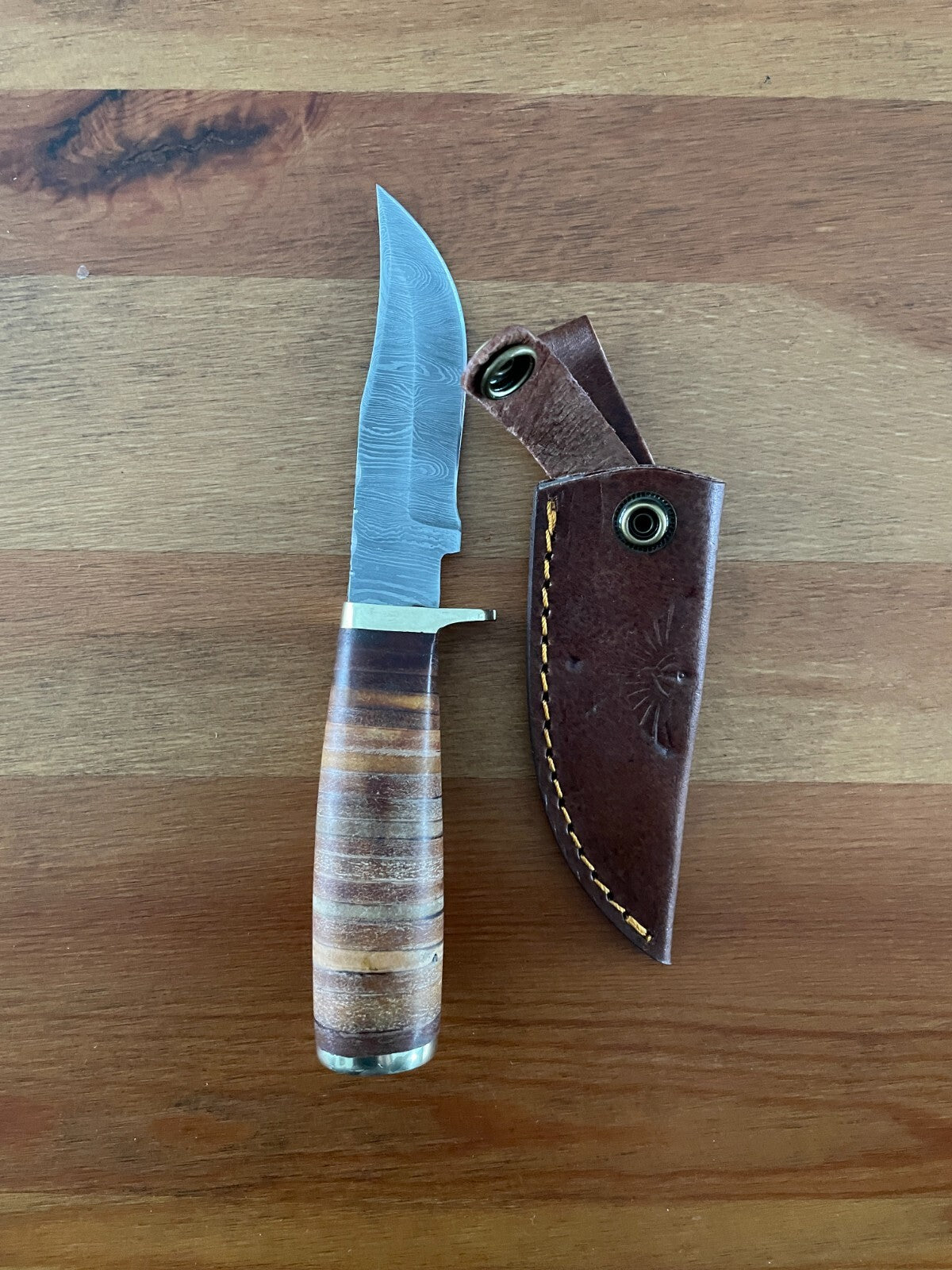 3.7 in. Handmade Damascus Steel Hunting Knife Bone Handle Leather Sheath