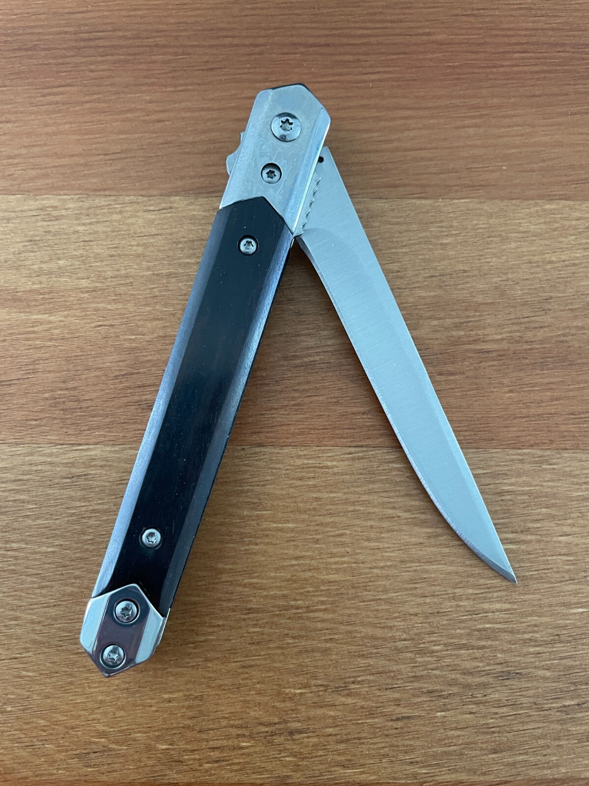 3.6" Stainless Steel Folding Knife Black Wood Scales Assisted Opening and Sheath
