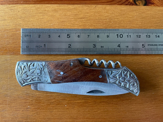 3.7” Spanish Navaja Pocket Knife With Wooden Handle w/ Corkscrew Handmade Spain