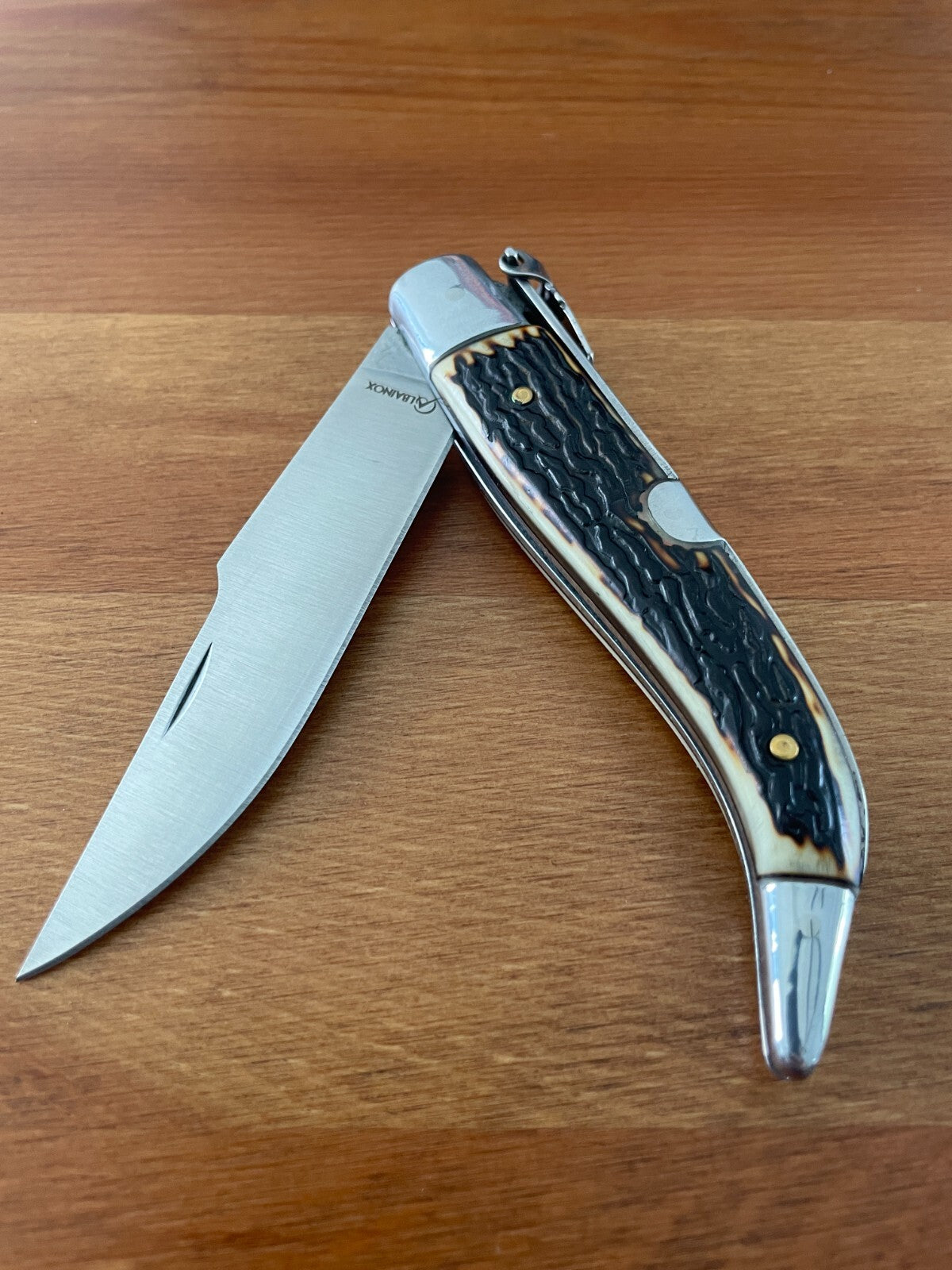 3.7" Carbon Steel Spanish Navaja Teja Deer Antler Imitation Scales Billet Lock