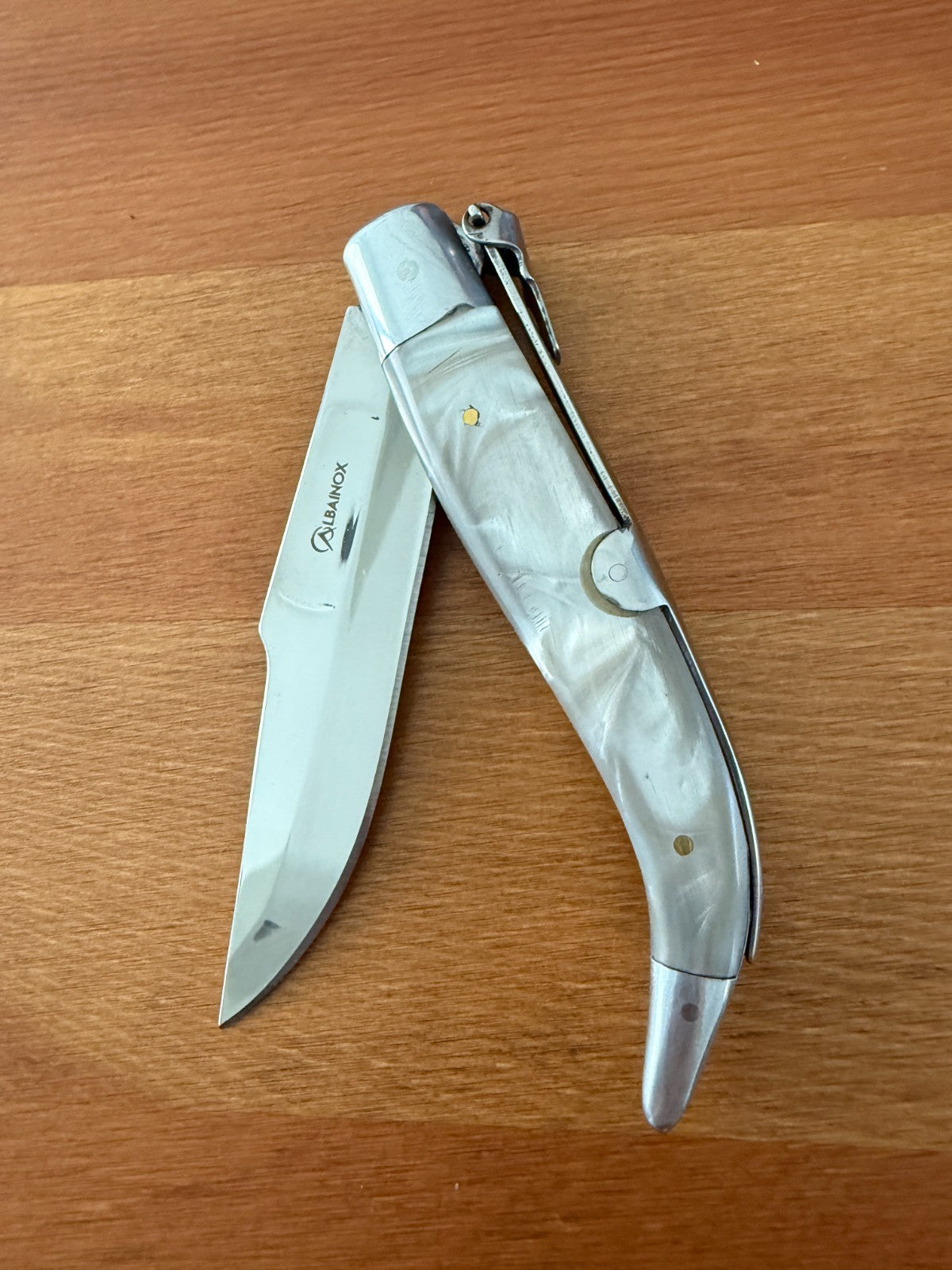 3.6" Steel Blade Spanish Navaja Teja Albacete Mother of Pearl Imitation Scales