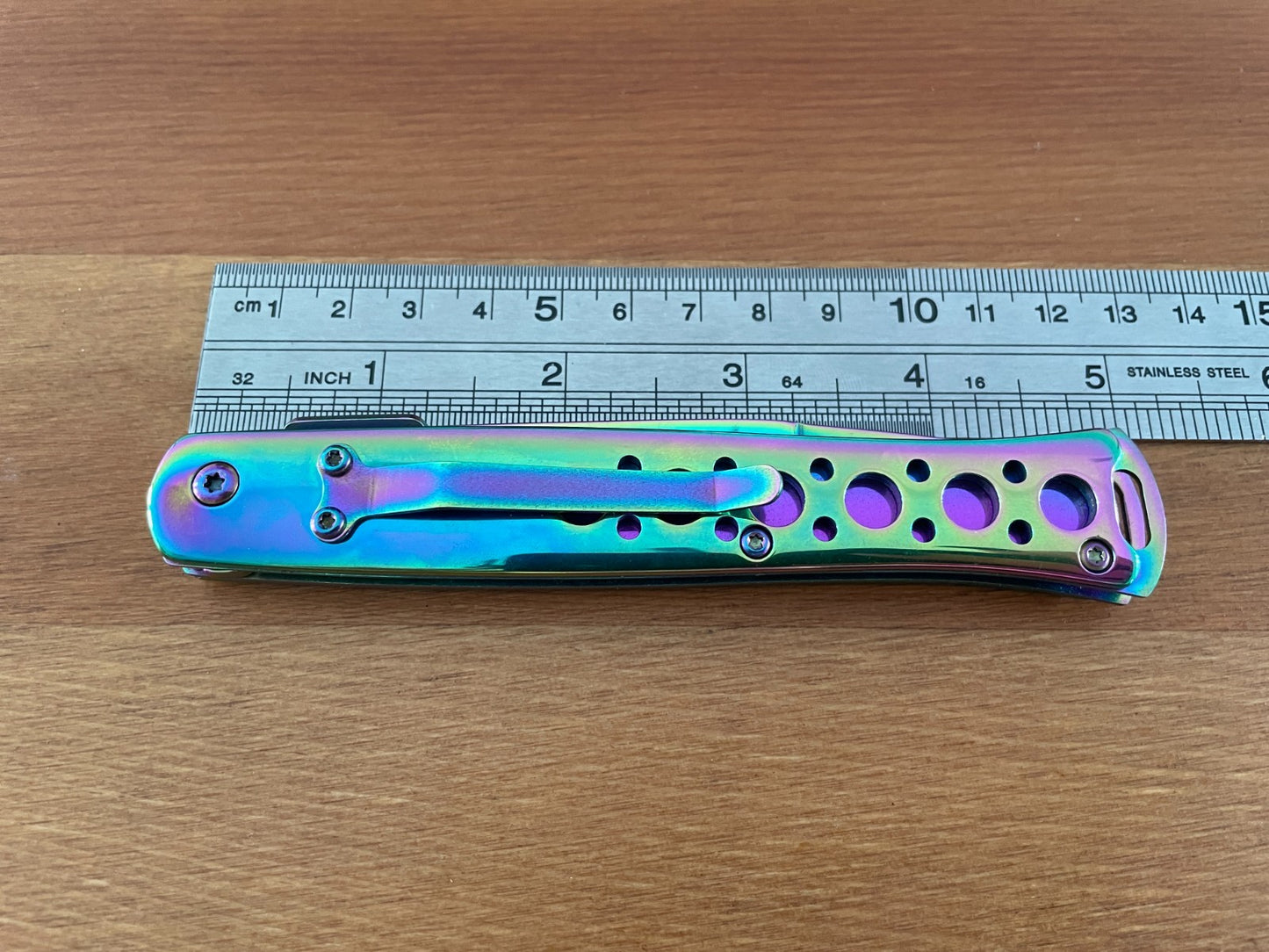 420 Steel Stiletto Folding Knife Aluminum Handle Plated Shiny Rainbow Titanium