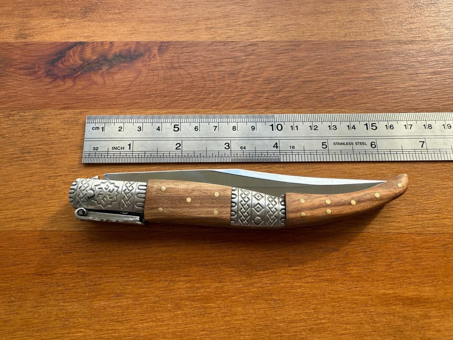 5.3" Blade Arabian Style Ratchet Navaja Knife Zebra Wood Handle Ornamented