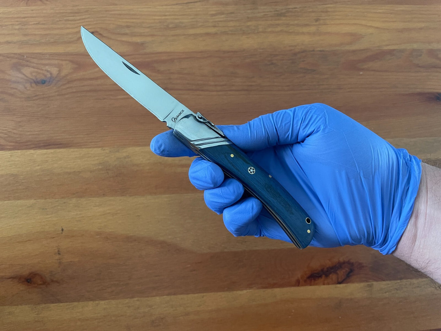 3.54" Spanish Navaja Pocket Knife Blue Wood Scales With Ratchet & Billet Lock