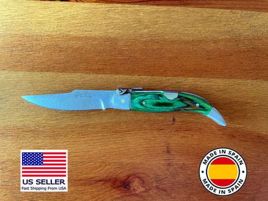 2.5" Spanish Navaja Teja Albacete Pocket Knife Green Wood Handmade - USA Seller