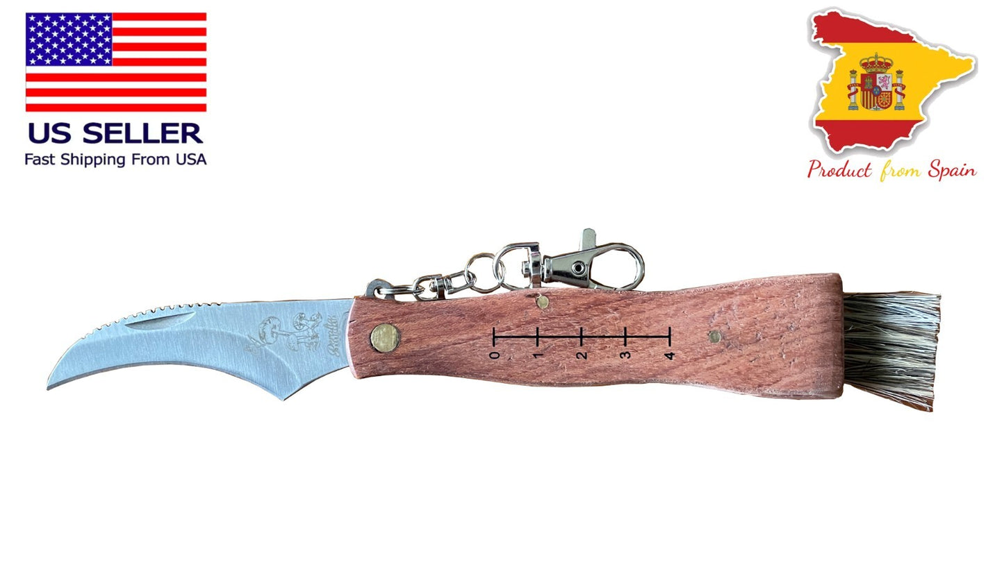 Mushroom Brown Wood Handles Pocket Knife with Brush and Sheath from Spain - USA