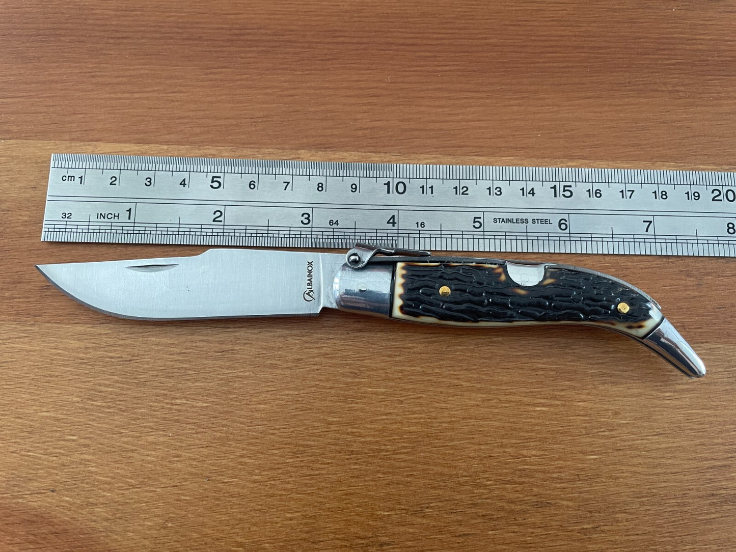 3.22" Carbon Steel Spanish Navaja Teja Deer Antler Imitation Scales Billet Lock