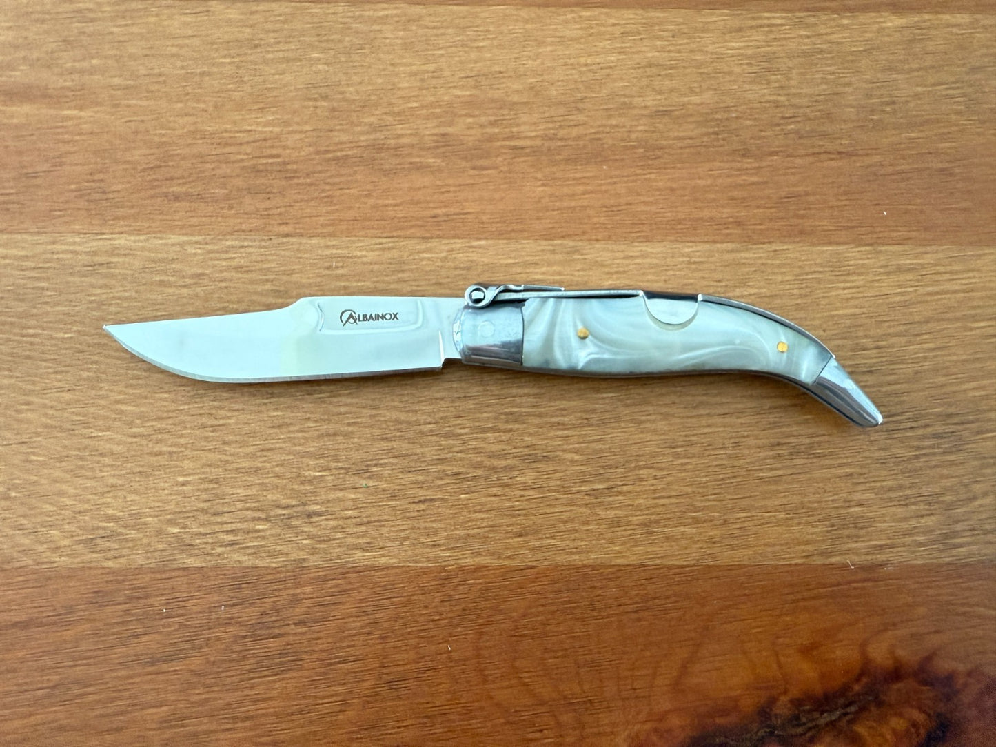 2.6" Steel Blade Spanish Navaja Teja Albacete Mother of Pearl Imitation Scales