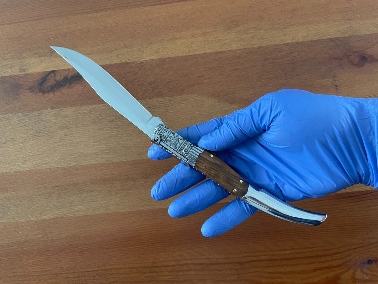 5.1" Arabian Style Navaja with Ratchet Pocket Knife Olive Wood and Steel Handle